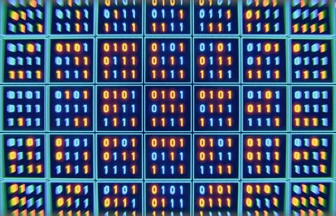 Binary code, zero and one in orange and blue. Digital screen with binary c... 스톡 사진