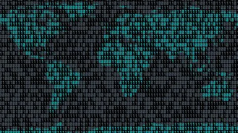 Binary code. Zeros and ones in the form of a map of the world. Coding. 3D ren Stock Illustration