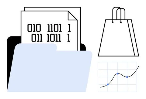 Binary coded documents inside folder, shopping bag icon, and ascending line g Stock Illustration