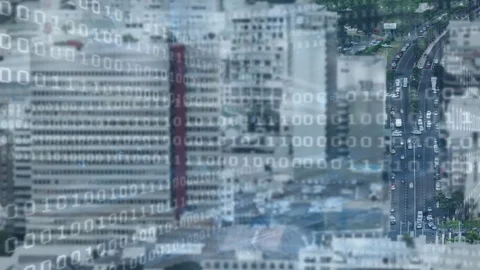 Binary codes and a view of the city Stock Footage 107717136