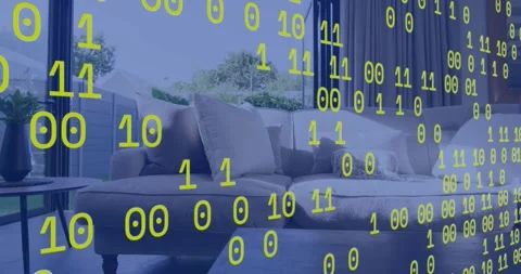 Binary codes appearing, streaming yellow digits across gray sofa, flickering, Stock Footage 318237350