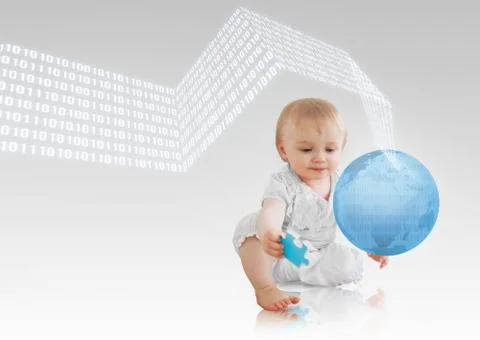 Binary codes floating around a baby with a blue planet Stock Photos