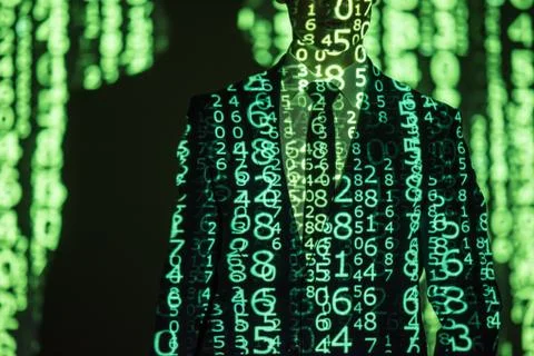 Binary codes situating on serious man Foto stock