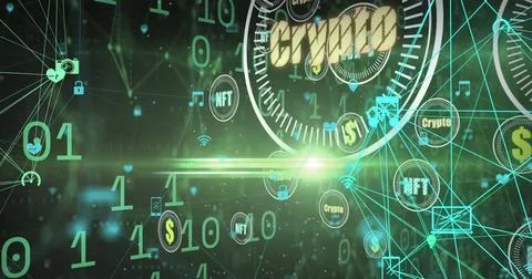 Binary coding and crypto concept icons floating against network of digital icons Stock Photos