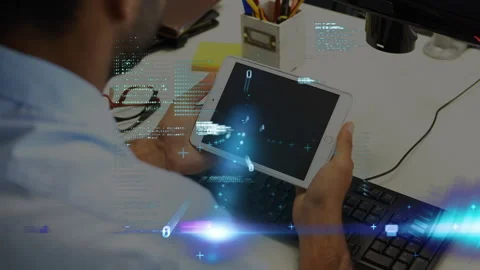 Binary coding and data processing over man using digital tablet Stock Footage 142215590