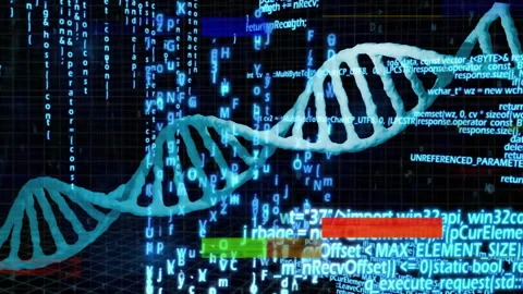 Binary coding and DNA strand animation processing scientific data in lab setting 库存影片 304015565