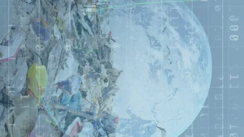Binary coding and financial data processing over globe against landfill with Stock Footage 312642930