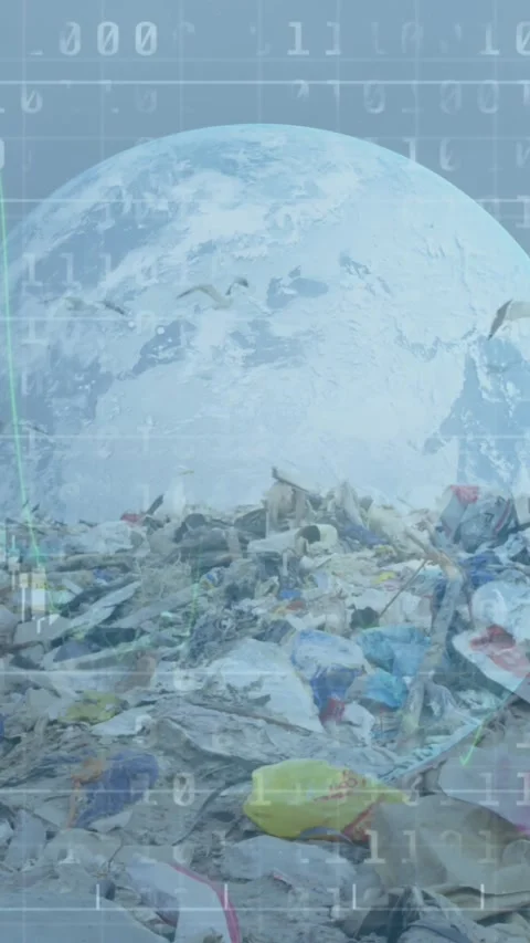 Binary coding and financial data processing over globe against landfill with Stock Footage 323682533