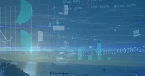 Binary coding and financial data processing image over cityscape background Stock Illustration