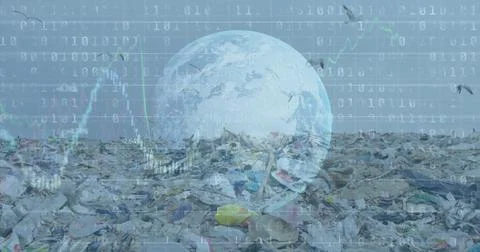 Binary coding and financial data processing over globe against landfill with Stock Photos