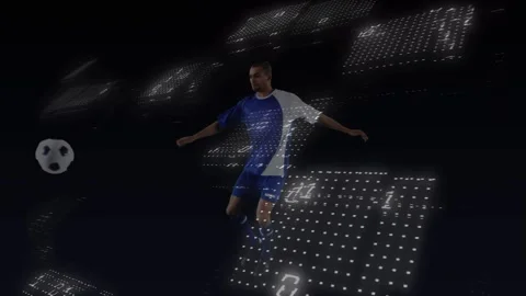 Binary coding and glowing dots pattern over male soccer player kicking the ball 스톡 동영상 330473773