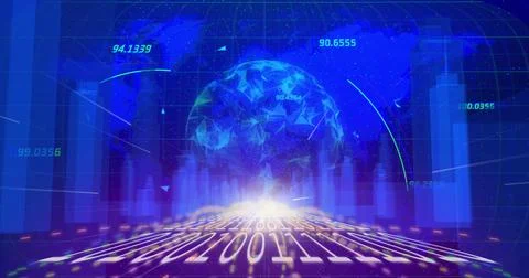 Binary coding and spinning globe against 3d cityscape and world map on blue Illustrazione stock