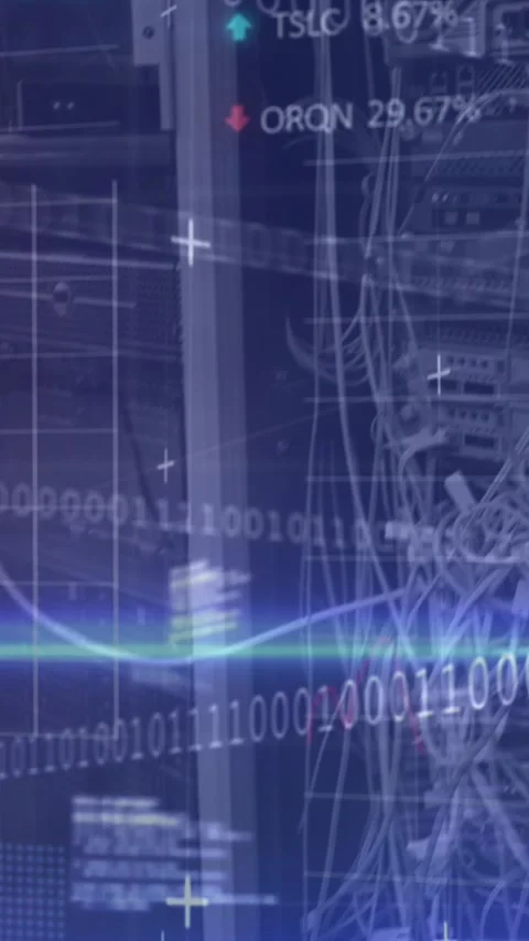 Binary coding and stock market data processing against close up of a computer Stock Footage 323248522