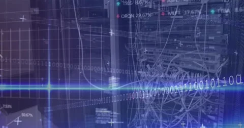 Binary coding and stock market data processing against close up of a computer Stock Footage 329919401