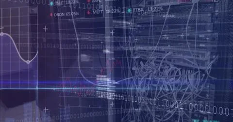 Binary coding and stock market data processing against close up of a computer Stock Illustration