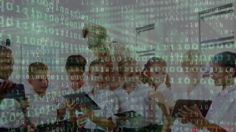 Binary coding data processing against female teacher and group of students using Stock Footage 148551716