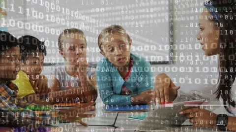 Binary coding data processing against female teacher teaching group of students Stock Footage 148551745