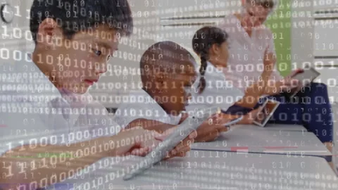 Binary coding data processing against female teacher and group of students using 스톡 동영상 148551747