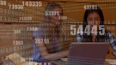 Binary coding data processing against two caucasian female students using laptop Stock Footage 148888555