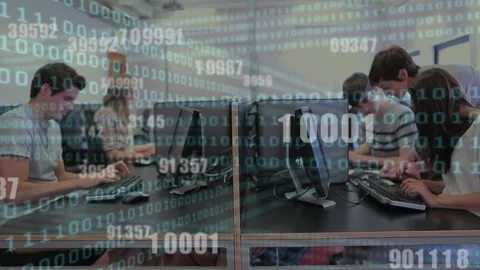 Binary coding data processing against group of college students using computers Video stock 148888557