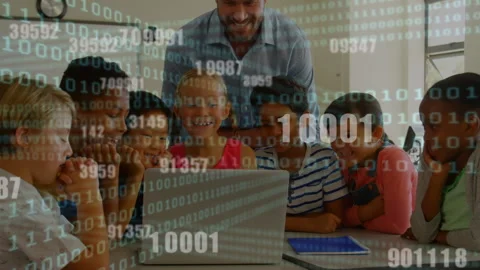 Binary coding data processing against group of male teacher and students using 스톡 동영상 148888585