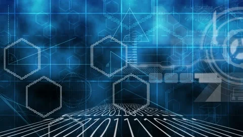 Binary coding data processing against round scanner and hexagonal shapes on blue Stock Footage 156584958