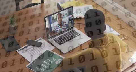 Binary coding data processing against african american teacher having a Stock Footage 169653945