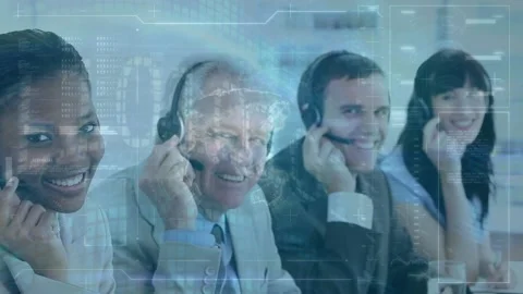 Binary coding data processing against team of customer care executives working Video stock 197090229