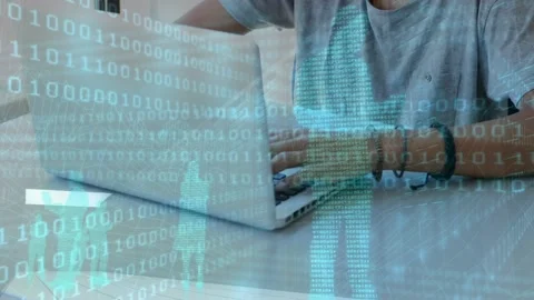 Binary coding data processing against caucasian boy using laptop in class at Stock Footage 199289818