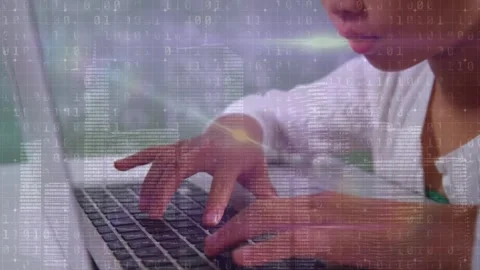Binary coding data processing against mid section of man using laptop Stock Footage 326185351