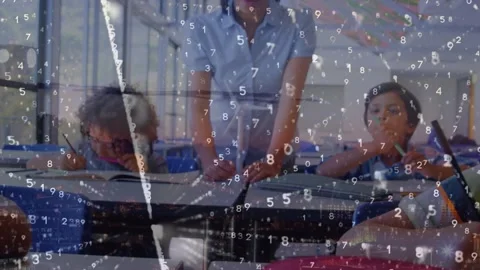 Binary coding data processing against mid section of caucasian female teacher in Stock Footage 327002710