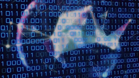 Binary coding data processing against glowing computer server against red 動画素材 327448271