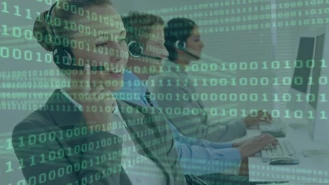 Binary coding data processing against caucasian female customer care executive Video stock 328714178