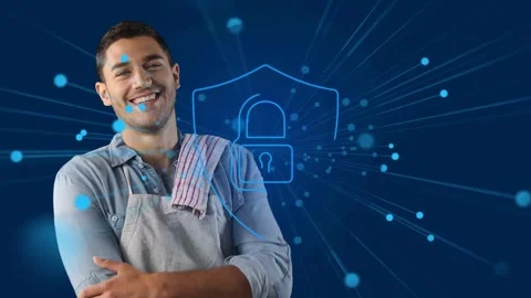Binary coding data processing against man wearing vr headset against spot of Stock Footage 329709209