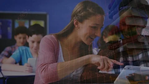 Binary coding data processing against male teacher using students using laptop Stock Footage 330336536