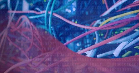 Binary coding data processing against close up of computer server against red Illustrazione stock