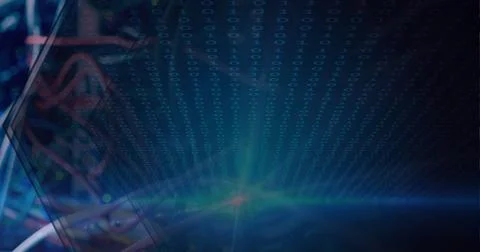 Binary coding data processing against close up of computer server against grey Stock Illustration