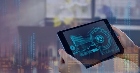 Binary coding data processing against against person using digital tablet 스톡 사진