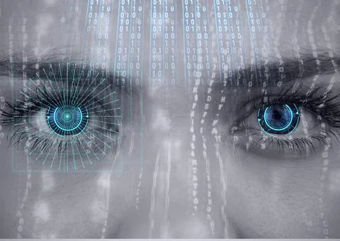 Binary coding data processing against close up of female human eye 스톡 사진