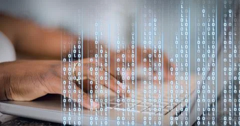 Binary coding data processing against mid section of person using laptop 스톡 사진