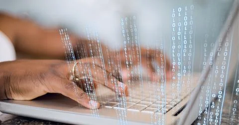 Binary coding data processing against mid section of person using laptop 스톡 사진