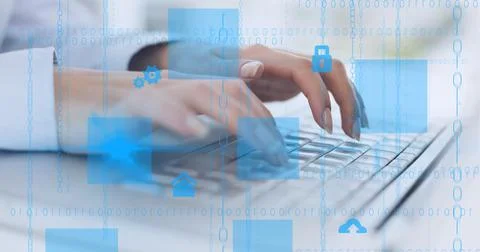 Binary coding data processing against mid section of person typing on keyboard 스톡 사진