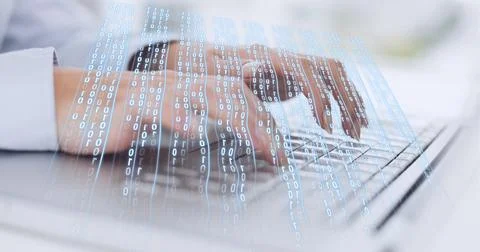 Binary coding data processing against mid section of person typing on keyboard Stock Photos