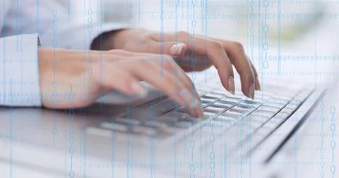 Binary coding data processing against mid section of person typing on keyboard Stock Photos