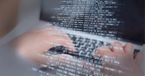 Binary coding data processing against mid section of person using laptop Stock Photos