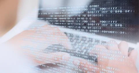 Binary coding data processing against mid section of person using laptop 스톡 사진