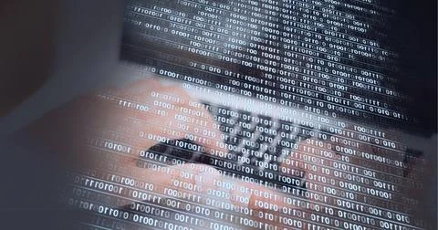 Binary coding data processing against mid section of person using laptop Stock Photos