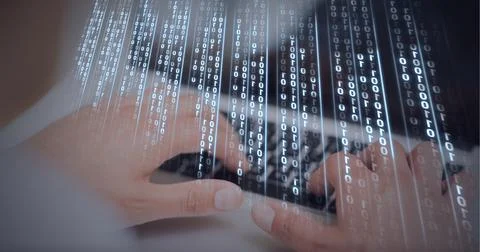 Binary coding data processing against mid section of person using laptop Stock Photos