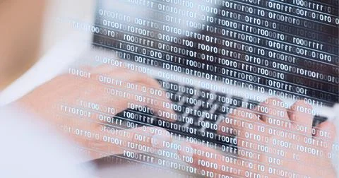 Binary coding data processing against mid section of person using laptop Stock Photos