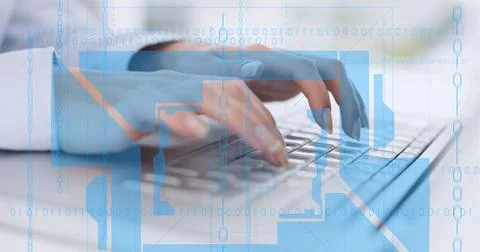 Binary coding data processing against mid section of person typing on keyboard 写真素材